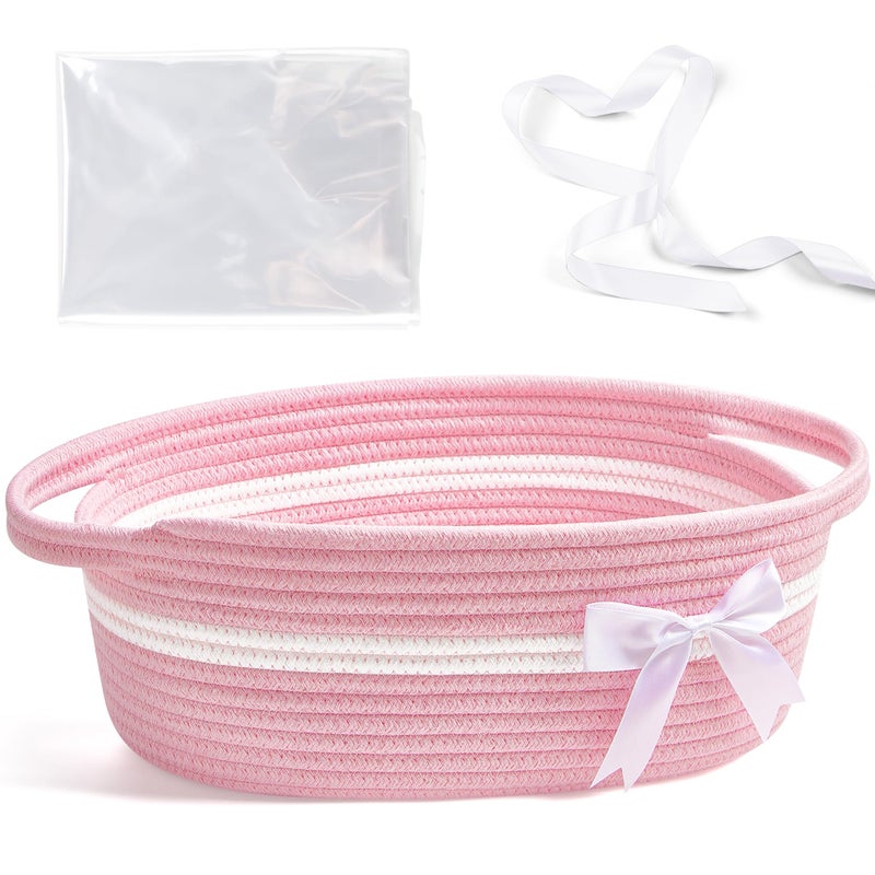 Yeeeasy Gift Basket with Bow and Bag Home Decor Rope Storage Container for Baby Toys 135X 85 X 55 with Handles Pink