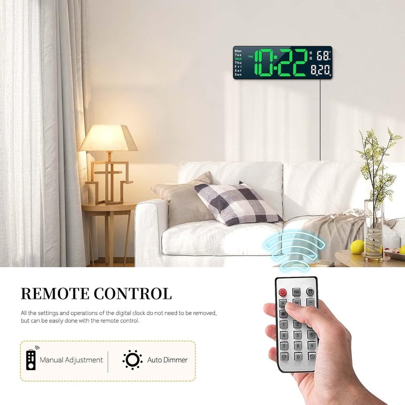Foliam Digital Clock Digital Wall Clock for Living Room Decor Desk Alarm Clock for Bedroom Large Wall Clock with Remote Control Automatic Brightness Dimmer LED Clock with Date Temperature Week - Image 4