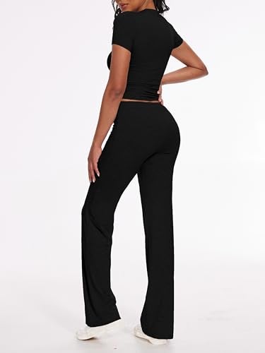 AnotherChill Women's 2 Piece Lounge Sets Straight Leg Pants Set Short Sleeve Crop T-shirt Casual Outfits Comfy Loungewear (Black, Medium) - Image 2