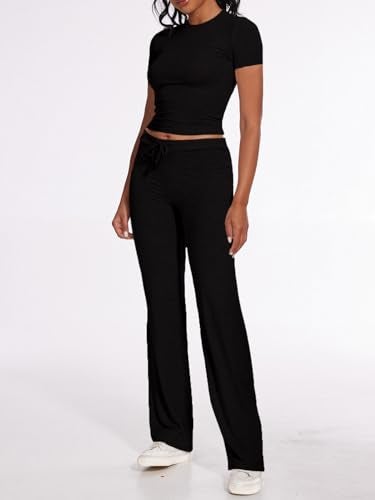 AnotherChill Women's 2 Piece Lounge Sets Straight Leg Pants Set Short Sleeve Crop T-shirt Casual Outfits Comfy Loungewear (Black, Medium) - Image 3