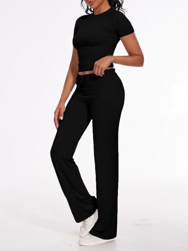 AnotherChill Women's 2 Piece Lounge Sets Straight Leg Pants Set Short Sleeve Crop T-shirt Casual Outfits Comfy Loungewear (Black, Medium) - Image 4