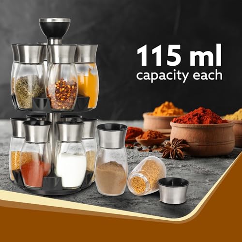 AGARO Elegant Glass Spice Jar with Holder, Set of 12, Spinning Spice Storage Rack, Rotating Spice Holder, Spice Containers, Spice Seasoning Organizer, Masala box for Kitchen, Kitchen Storage Rack - Image 3
