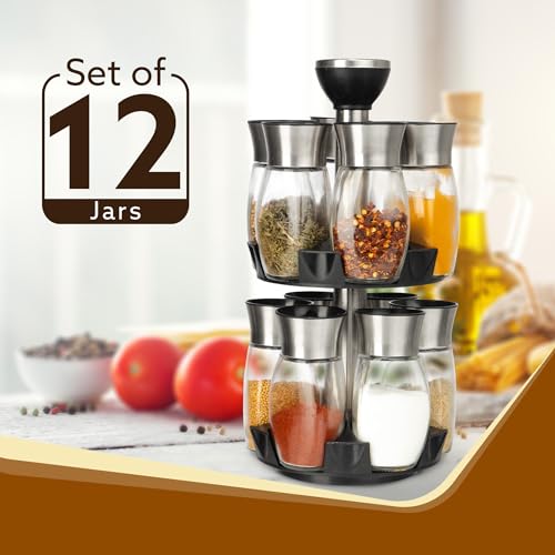 AGARO Elegant Glass Spice Jar with Holder, Set of 12, Spinning Spice Storage Rack, Rotating Spice Holder, Spice Containers, Spice Seasoning Organizer, Masala box for Kitchen, Kitchen Storage Rack - Image 2