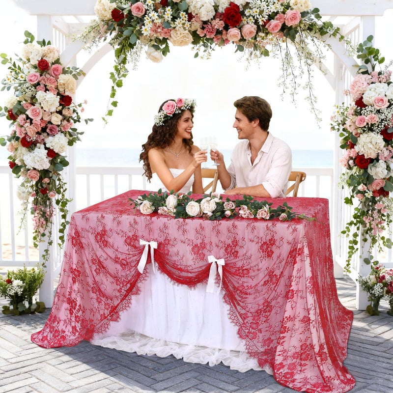 B.Cool B-COOL Red Vintage Lace Table Cloths 60x120 Inch Wedding Floral Tablecloth for Rectangle Tables Lace Fabric Rustic Christmas Party Decor - Image 2