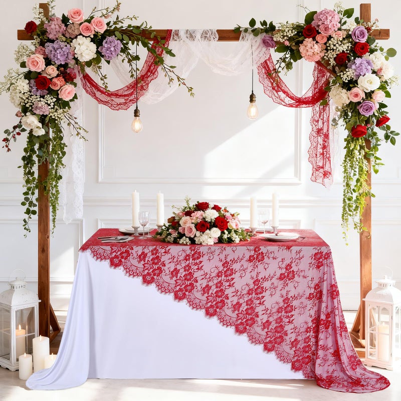 B.Cool B-COOL Red Vintage Lace Table Cloths 60x120 Inch Wedding Floral Tablecloth for Rectangle Tables Lace Fabric Rustic Christmas Party Decor - Image 3