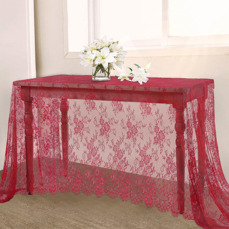 B.Cool B-COOL Red Vintage Lace Table Cloths 60x120 Inch Wedding Floral Tablecloth for Rectangle Tables Lace Fabric Rustic Christmas Party Decor - Image 1