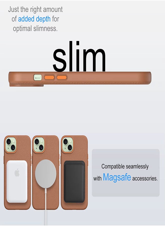 Magsafe Phone Case For iPhone 15 Plus With High Quality Rubber Frame And Slim Lychee Pattern Leather Case with Camera Lens Protection Shockproof Cover And support wireless Charging Leather Cover for iPhone 15 Plus - Brown