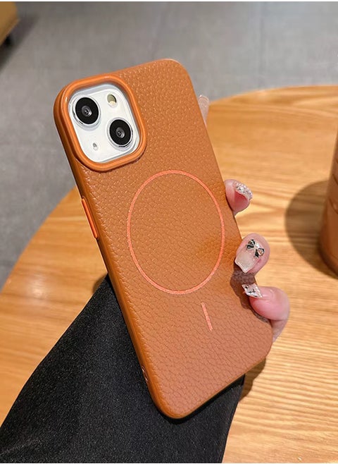 Magsafe Phone Case For iPhone 15 Plus With High Quality Rubber Frame And Slim Lychee Pattern Leather Case with Camera Lens Protection Shockproof Cover And support wireless Charging Leather Cover for iPhone 15 Plus - Brown
