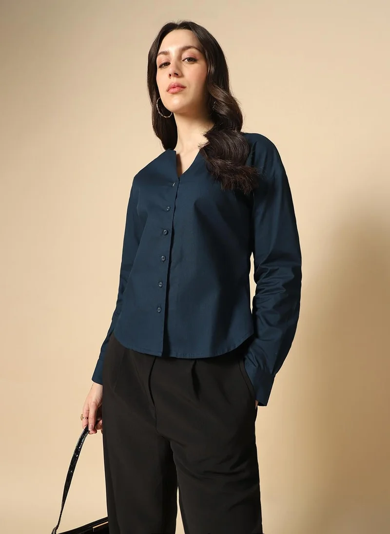 globus Globus Women Navy Blue V-Neck Cuffed Sleeves Solid Curved Hem Workwear Shirt