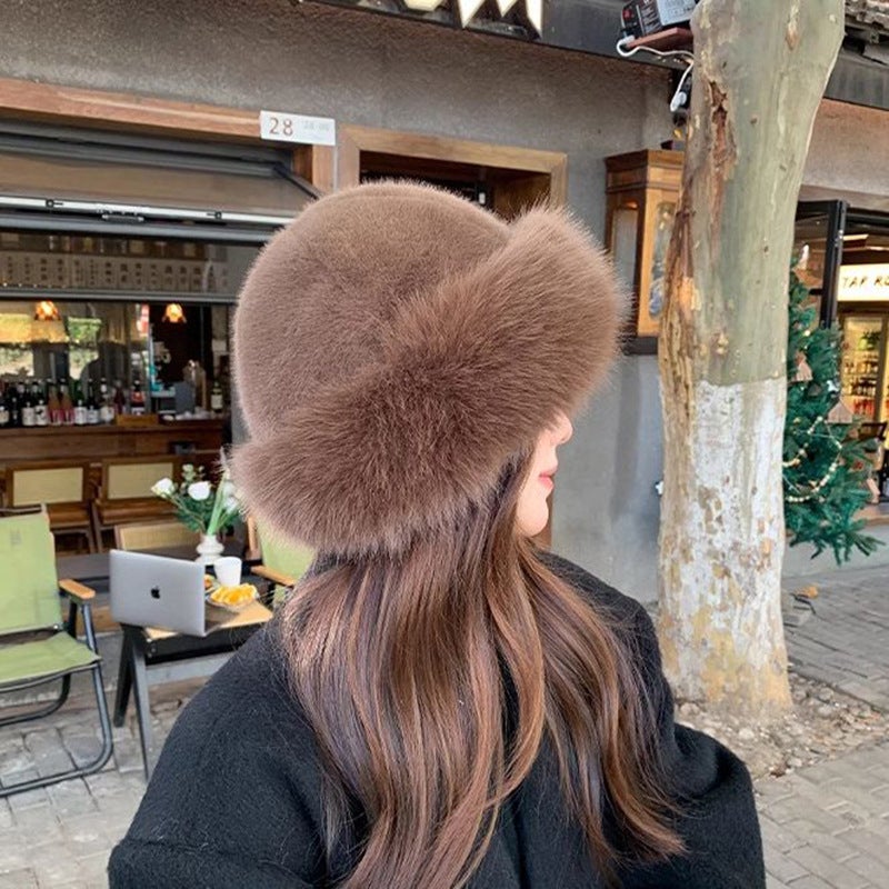 Cross-border Plush New Mongolian Hat Autumn and Winter Cold-proof Warm-keeping Thickened Basin Hat Winter Ear Protectors Fox Fisherman Hat Hair Brown - Image 1