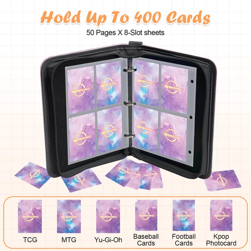 Winsing Card Binder 4 Pocket, 400 Pockets Card Holder Compatible with Game Cards Gift for Girls, Trading Card Binder Album Case Book Storage For Photocards, Small,Marble Purple - Image 4