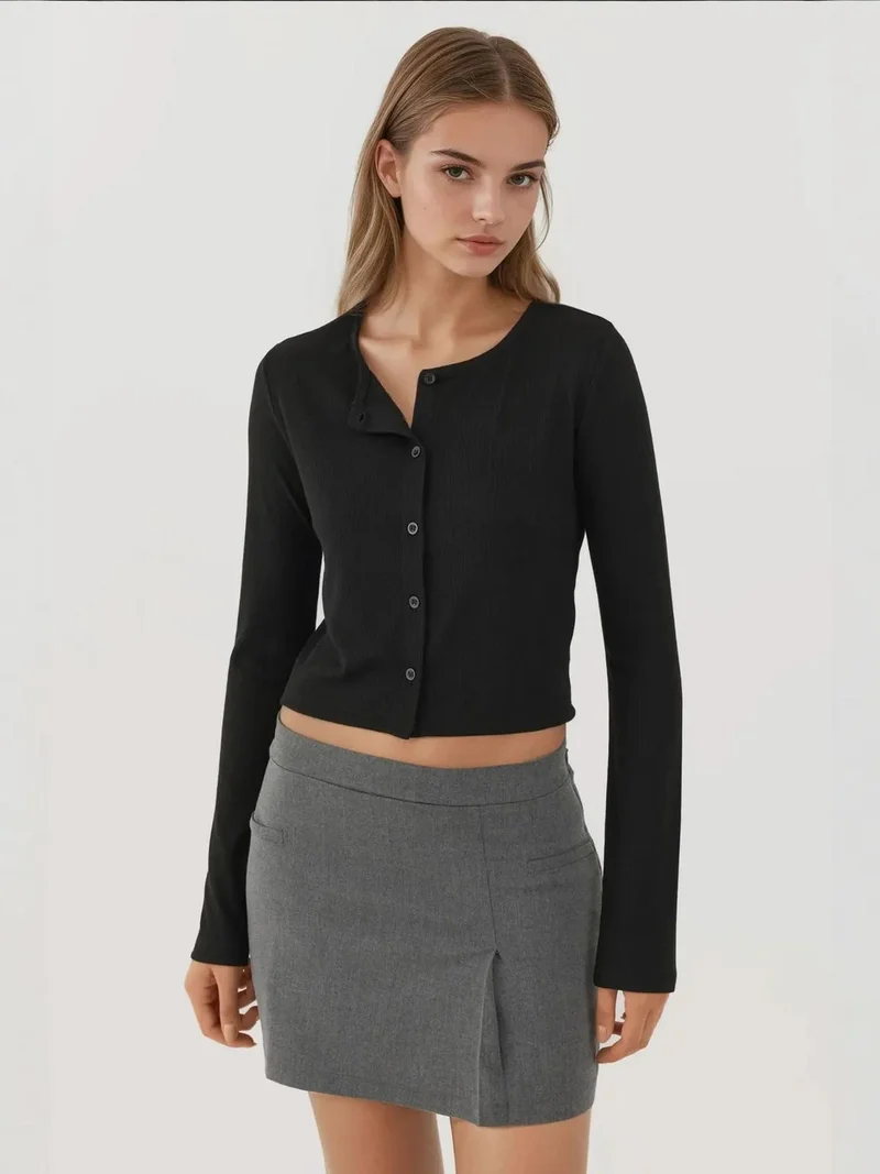 HICCUP Crew Neck Basic Viscone Blended Buttoned Top