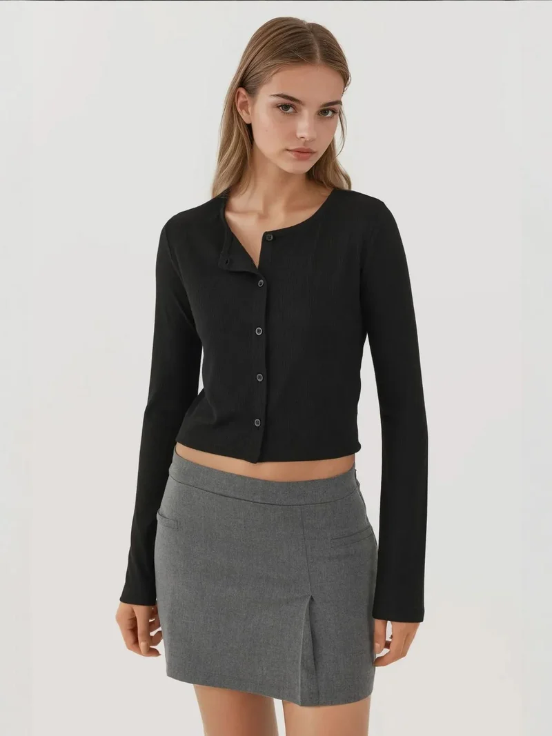 HICCUP Crew Neck Basic Viscone Blended Buttoned Top