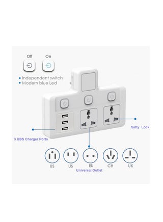 Tycom Power Adaptor Multi Plug Extension with 3 USB ، Extender Wall Charger Socket 2 way متعددة محول مأخذ كهربائي ، محطة شحن للمنزل والمكتب （2 Way 3 USB） - view 2