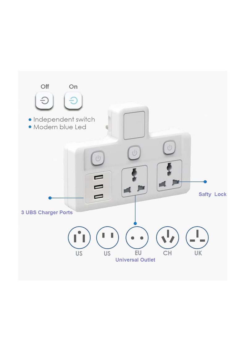 تايكوم Tycom Power Adaptor Multi Plug Extension with 3 USB ، Extender Wall Charger Socket 2 way متعددة محول مأخذ كهربائي ، محطة شحن للمنزل والمكتب （2 Way 3 USB）  - Image 2