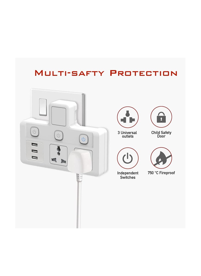 تايكوم Tycom Power Adaptor Multi Plug Extension with 3 USB ، Extender Wall Charger Socket 2 way متعددة محول مأخذ كهربائي ، محطة شحن للمنزل والمكتب （2 Way 3 USB）  - Image 3