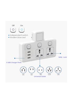 TYCOM Tycom Power Adapter Multi Plug Extension with 3 USB , Extender Wall Charger Socket 2 Way Multiple Electrical Outlet Adaptor, Charging Station for Home, Office （2 Way 3 USB）  - Image 2