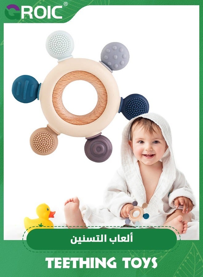 GROIC Baby Teething Toys, Silicone Teether Toys for baby, Rudder Teether BPA Free with Wooden Ring Silicone Chewable Teether Help with Teething Pain Relief, Baby Chew Toys for Babies 0-12-24 Months  - Image 1