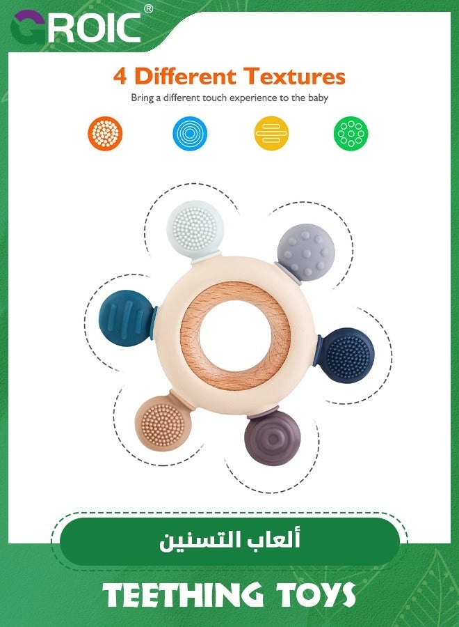 GROIC Baby Teething Toys, Silicone Teether Toys for baby, Rudder Teether BPA Free with Wooden Ring Silicone Chewable Teether Help with Teething Pain Relief, Baby Chew Toys for Babies 0-12-24 Months  - Image 3