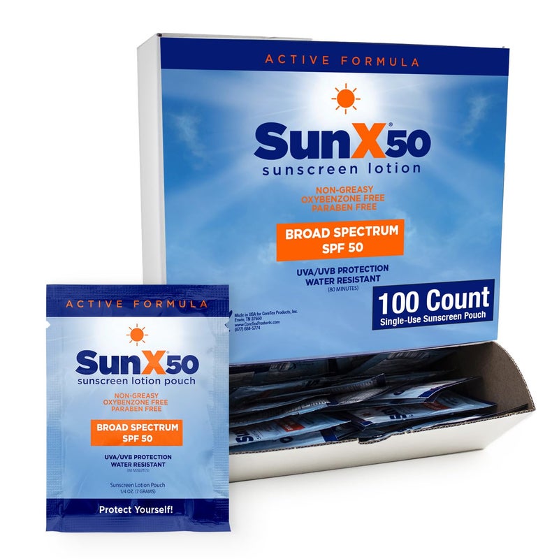 CoreTex Sun X 50 SPF Broad Spectrum Sunscreen Packets - Pack of 100 Paraben, Oxybenzone, Octinoxate, & Oil Free Sunscreen - No White Cast and Water Resistant Up to 80 Minutes - Image 1