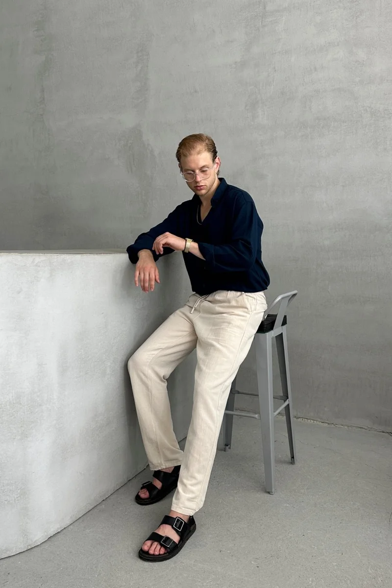 هايمان Men's Elastic Waist Baggy Linen Trousers