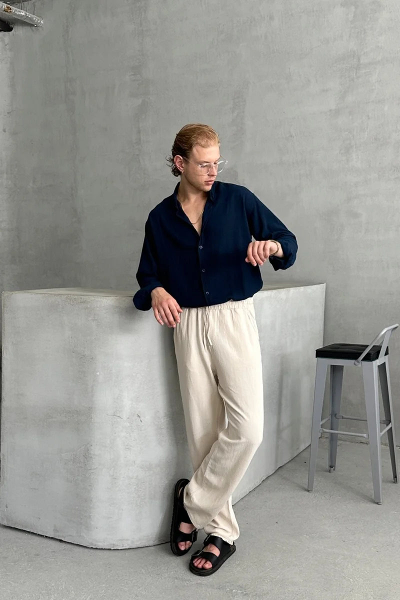 هايمان Men's Elastic Waist Baggy Linen Trousers