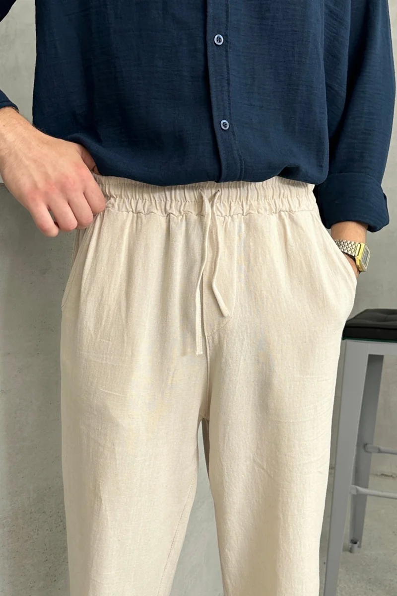 هايمان Men's Elastic Waist Baggy Linen Trousers