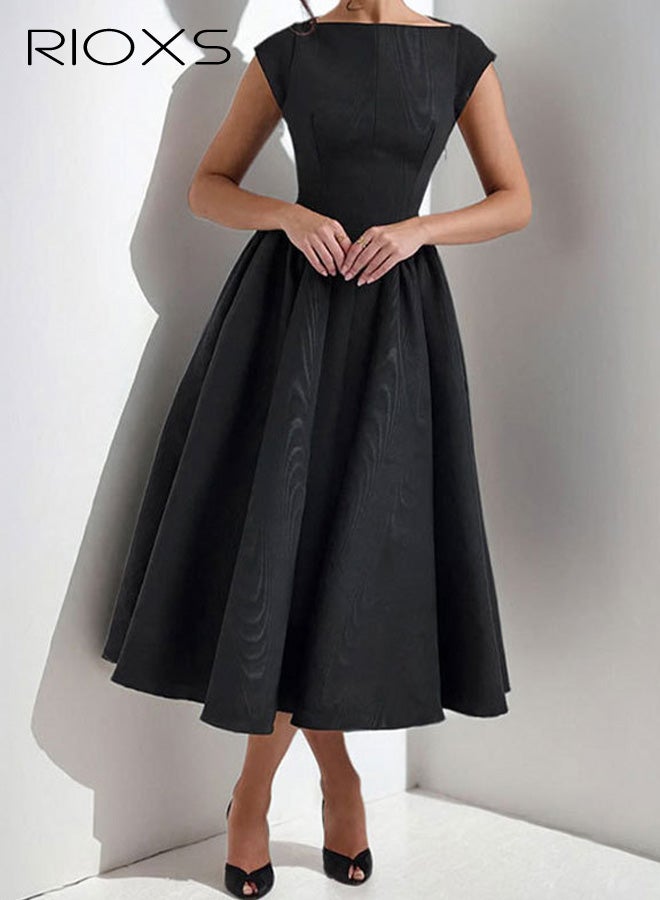 ريوكس فستان نسائي بدون أكمام، بدون ظهر، بدون رقبة قارب، بتصميم كلاسيكي صيفي، بقصة A، وواسعة، مناسب لحفلات الشاي، مناسب للعمل، شبه رسمي، مناسب لحفلات الزفاف، مناسب لحفلات التخرج. - Image 1