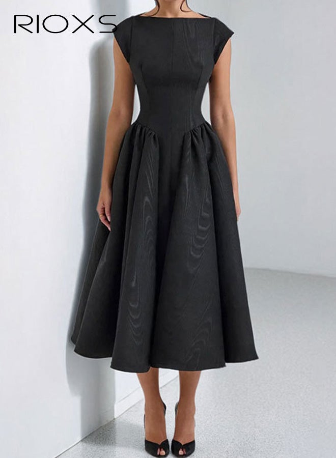 ريوكس فستان نسائي بدون أكمام، بدون ظهر، بدون رقبة قارب، بتصميم كلاسيكي صيفي، بقصة A، وواسعة، مناسب لحفلات الشاي، مناسب للعمل، شبه رسمي، مناسب لحفلات الزفاف، مناسب لحفلات التخرج. - Image 3