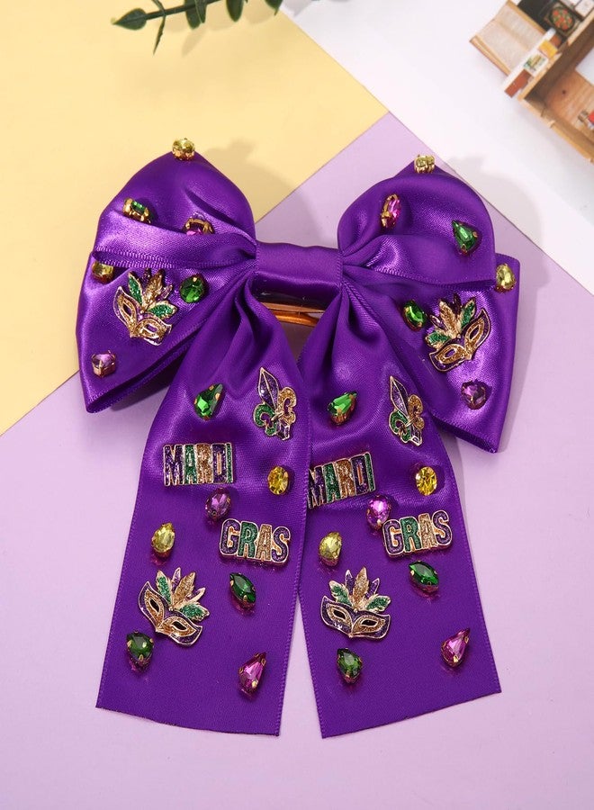 NVENF Mardi Gras Hair Bow Clips for Women Mask Fleur De Lis Hair Bows Jeweled Large Purple Hair Ribbon Bows Carnival Mardi Gras Accessories Outfits Parade Party Favors (Pattern C) - Image 3