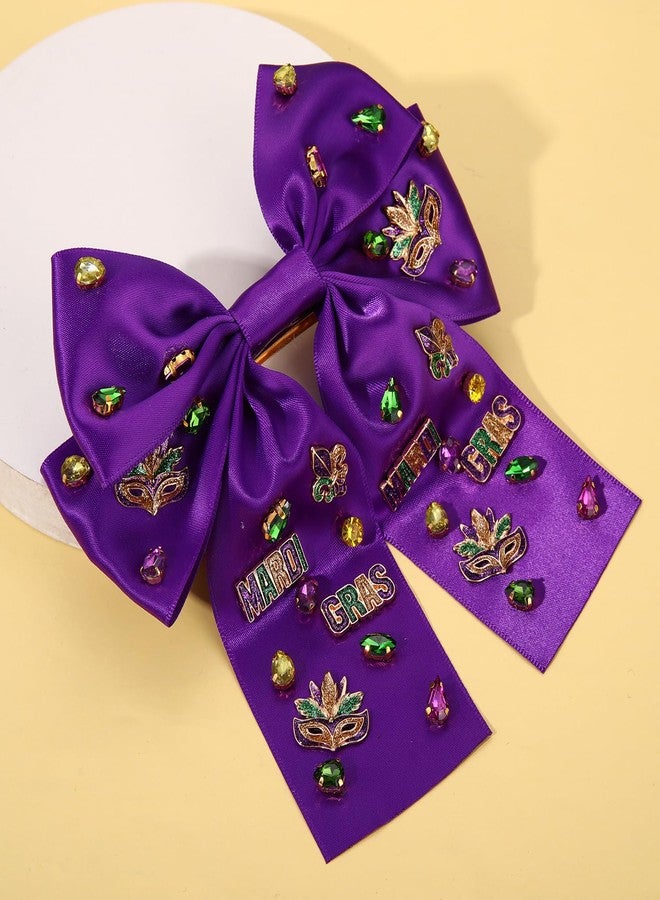 NVENF Mardi Gras Hair Bow Clips for Women Mask Fleur De Lis Hair Bows Jeweled Large Purple Hair Ribbon Bows Carnival Mardi Gras Accessories Outfits Parade Party Favors (Pattern C) - Image 4