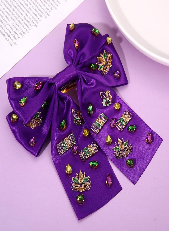 NVENF Mardi Gras Hair Bow Clips for Women Mask Fleur De Lis Hair Bows Jeweled Large Purple Hair Ribbon Bows Carnival Mardi Gras Accessories Outfits Parade Party Favors (Pattern C) - Image 2