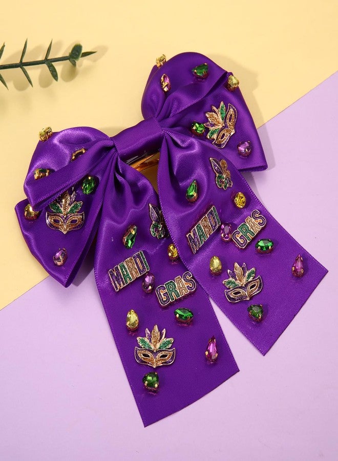 NVENF Mardi Gras Hair Bow Clips for Women Mask Fleur De Lis Hair Bows Jeweled Large Purple Hair Ribbon Bows Carnival Mardi Gras Accessories Outfits Parade Party Favors (Pattern C) - Image 5