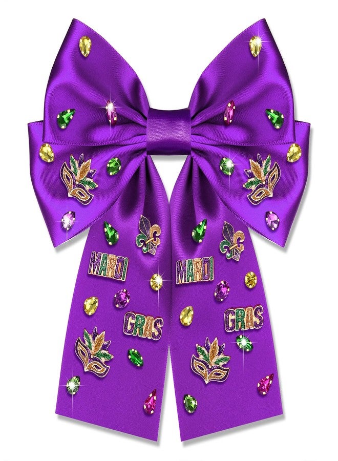 NVENF Mardi Gras Hair Bow Clips for Women Mask Fleur De Lis Hair Bows Jeweled Large Purple Hair Ribbon Bows Carnival Mardi Gras Accessories Outfits Parade Party Favors (Pattern C) - Image 1