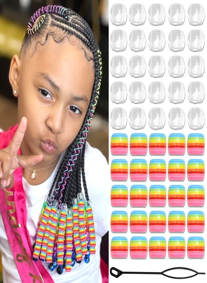 VENOFEN 50PCS Rainbow Stripe Hair Beads Large Dreadlock Clear Acrylic Pony Cute Braids Accessories Decoration for Women and Girls - Image 1
