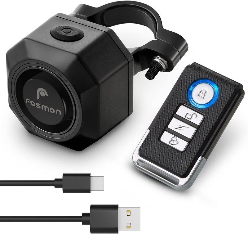 Fosmon USB-C Rechargeable Bike Alarm with Remote, IP55 Waterproof Wireless 110dB Loud Anti-Theft Vibration Motion Sensor Vehicle Tracker Alarm Security System for Bicycle, E-Bike, Motorcycle, Scooter - Image 1