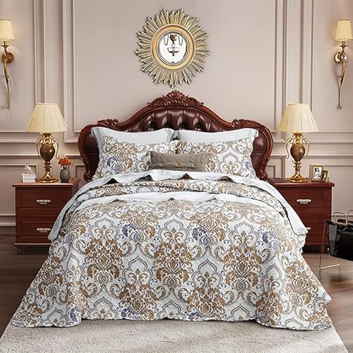 CHIXIN California King Bedspread - Oversized Luxury Collection - European Damask Paisley Pattern - Classic & Gorgeous Bedding Cover, Lightweight, Ultra Soft, 5 Piece, 100% Microfiber, White/Khaki/Grey - Image 1