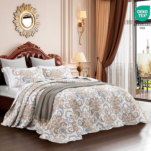 CHIXIN California King Bedspread - Oversized Luxury Collection - European Damask Paisley Pattern - Classic & Gorgeous Bedding Cover, Lightweight, Ultra Soft, 5 Piece, 100% Microfiber, White/Khaki/Grey - Image 2