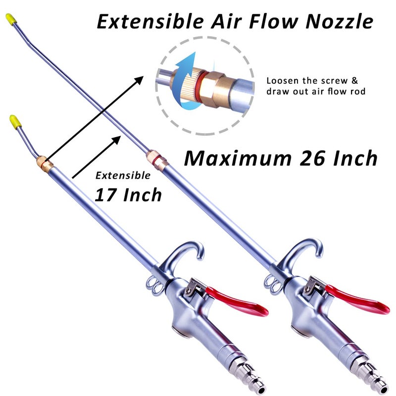 JASTIND High Volume Powerful Industrial Air Blow Gun, 17-26 Inch Extensible Stainless Steel Air Flow Nozzle, Pneumatic Air Compressor Accessories Tool, Extended Dust Air Blower Gun with 360 Degree Swivel Hook - Image 3