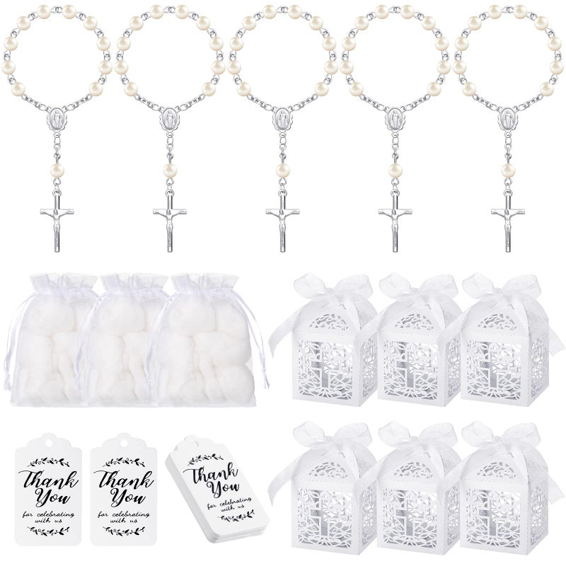 Mtlee 100 Pieces Baptism Favors Set Includes 25 Pieces Mini Rosary 25 Pieces Favor Boxes 25 Pieces White Organza Bags with Drawstring 25 Pieces Thank Tags for Baby Shower Wedding Party Supplies Silver