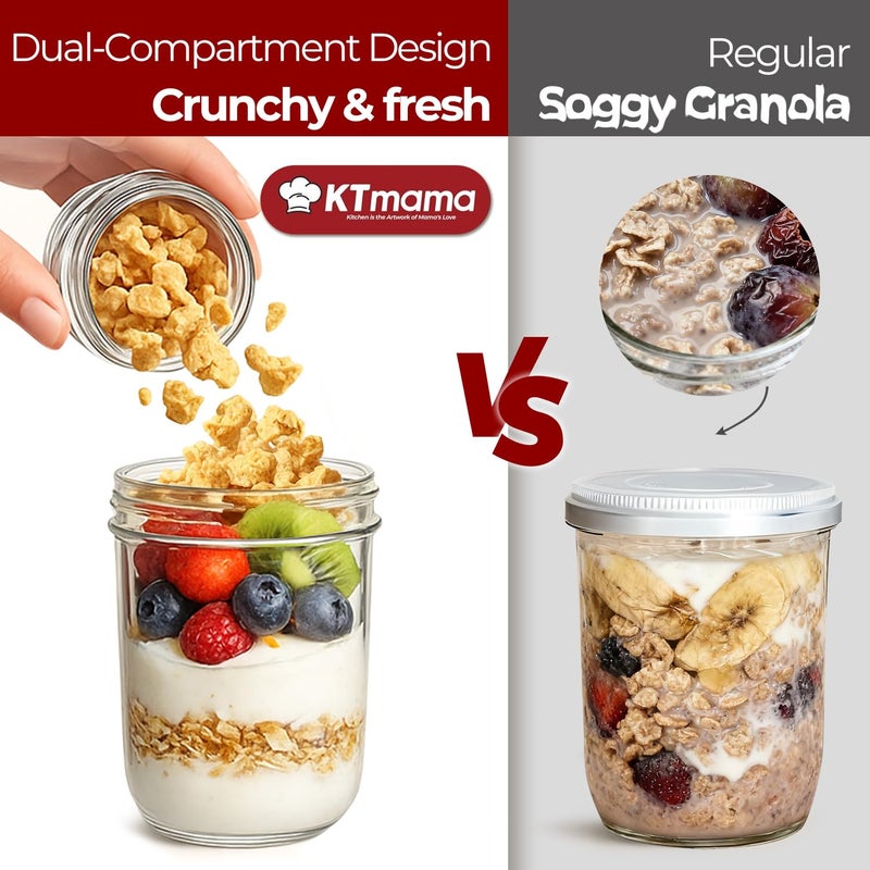 KTMAMA 2 Pack Glass Yogurt Parfait Cups with Lids, 16+4oz Reusable Containers with Dry & Wet Separation, Leak-Proof for Overnight Oats, Meal Prep, Portable to Work & School, Easy Clean (Blue+Grey) - Image 5