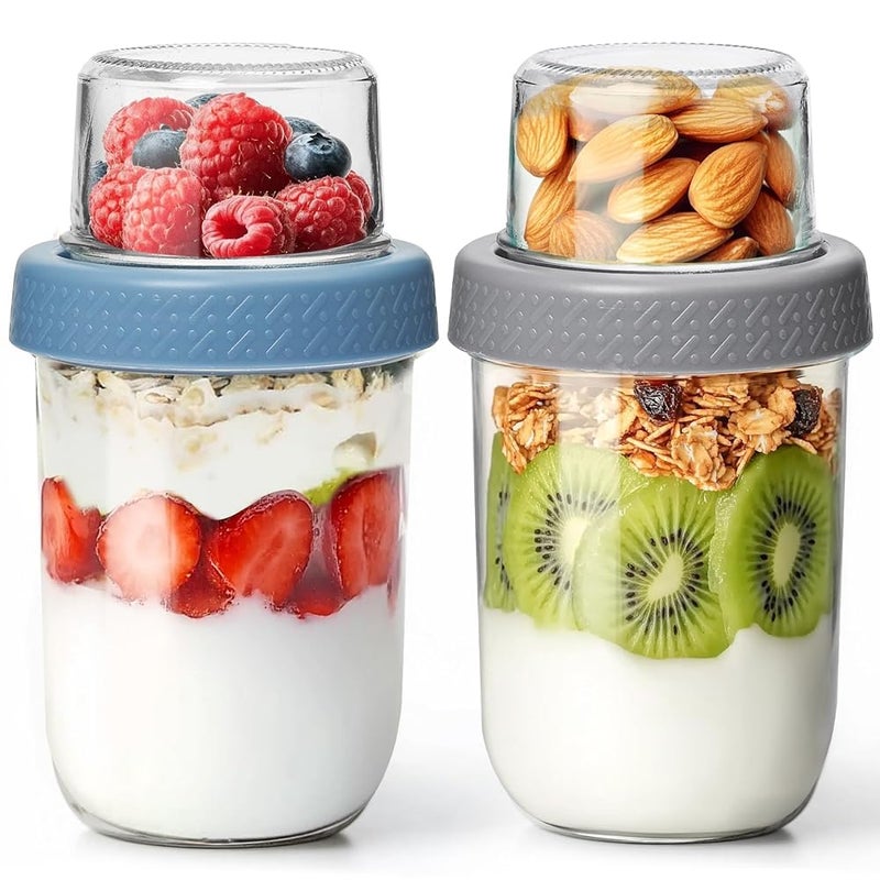 KTMAMA 2 Pack Glass Yogurt Parfait Cups with Lids, 16+4oz Reusable Containers with Dry & Wet Separation, Leak-Proof for Overnight Oats, Meal Prep, Portable to Work & School, Easy Clean (Blue+Grey) - Image 1