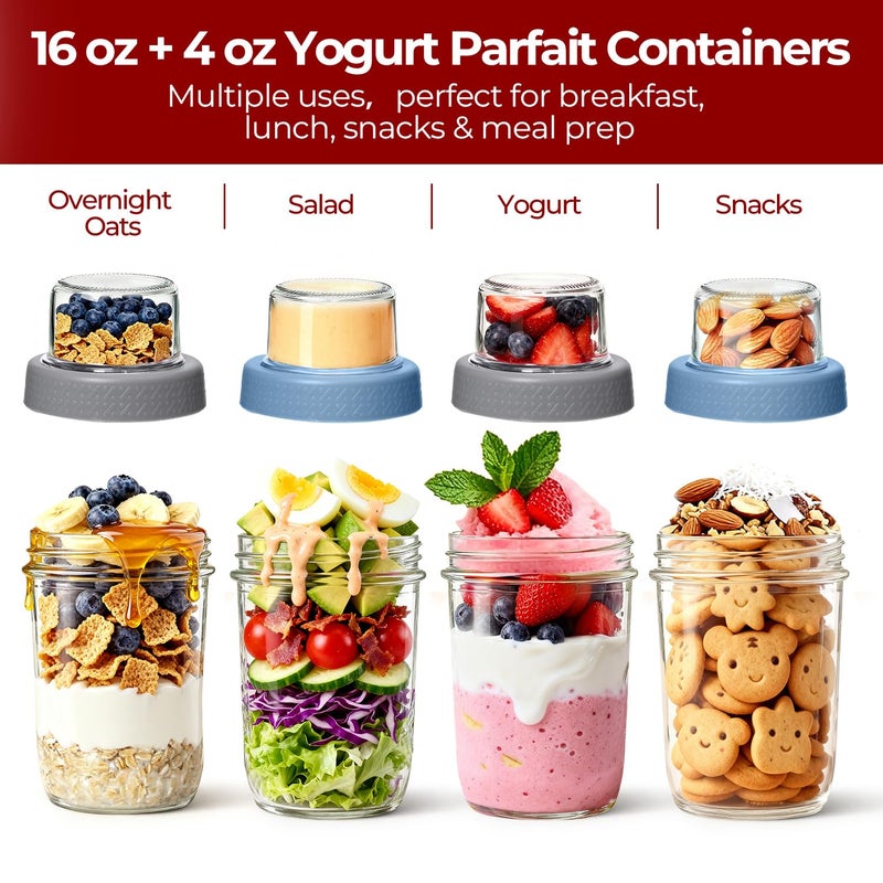 KTMAMA 2 Pack Glass Yogurt Parfait Cups with Lids, 16+4oz Reusable Containers with Dry & Wet Separation, Leak-Proof for Overnight Oats, Meal Prep, Portable to Work & School, Easy Clean (Blue+Grey) - Image 4