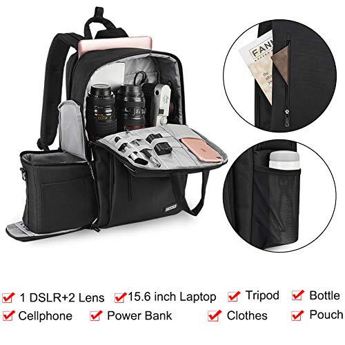 CADeN DSLR Camera Backpack Bag Waterproof Anti Theft with 15.6 inch Laptop Compartment, USB Charging Port, Tripod Holder, Rain Cover, Inner Case, Compatible for Sony Canon Nikon Olympus Black - Image 2