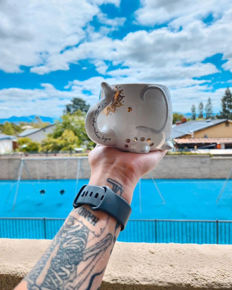 Votum Elephant Ceramic Coffee Or Tea Mug - Animal Shaped Cup With Hand Printed Designs Saying And So The Adventure Begins  - Cute Handmade Gift For Men Or Women Elephant Lovers - 18.6 Fluid Ounce - Image 3