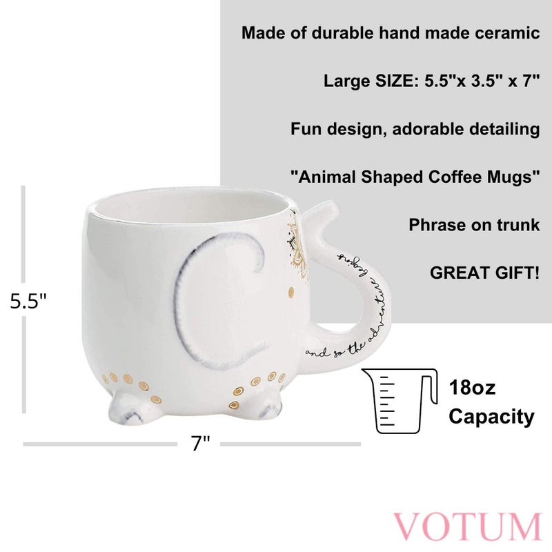 Votum Elephant Ceramic Coffee Or Tea Mug - Animal Shaped Cup With Hand Printed Designs Saying And So The Adventure Begins  - Cute Handmade Gift For Men Or Women Elephant Lovers - 18.6 Fluid Ounce - Image 2