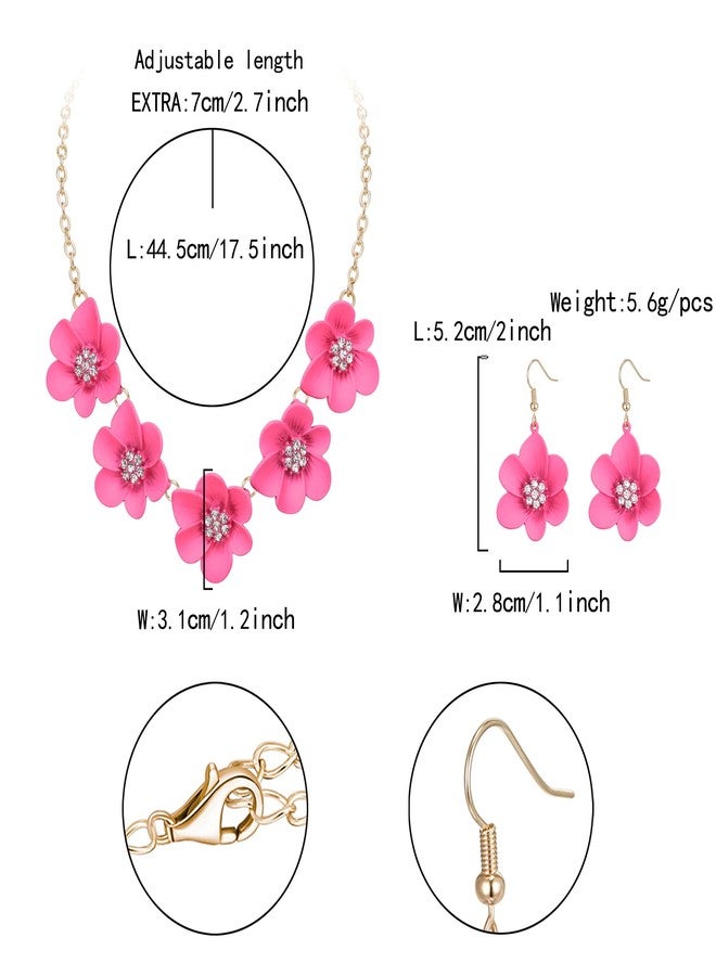 Flyonce Hot Pink Flower Necklace for Women, Summer Boho Floral Choker Necklaces with Earrings Holiday Jewelry - Image 5