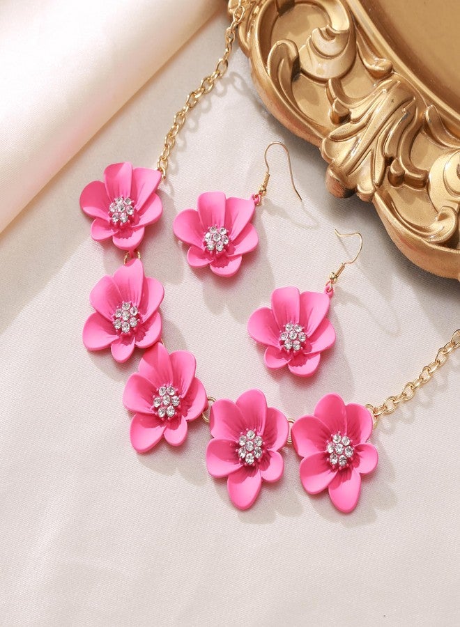 Flyonce Hot Pink Flower Necklace for Women, Summer Boho Floral Choker Necklaces with Earrings Holiday Jewelry - Image 4