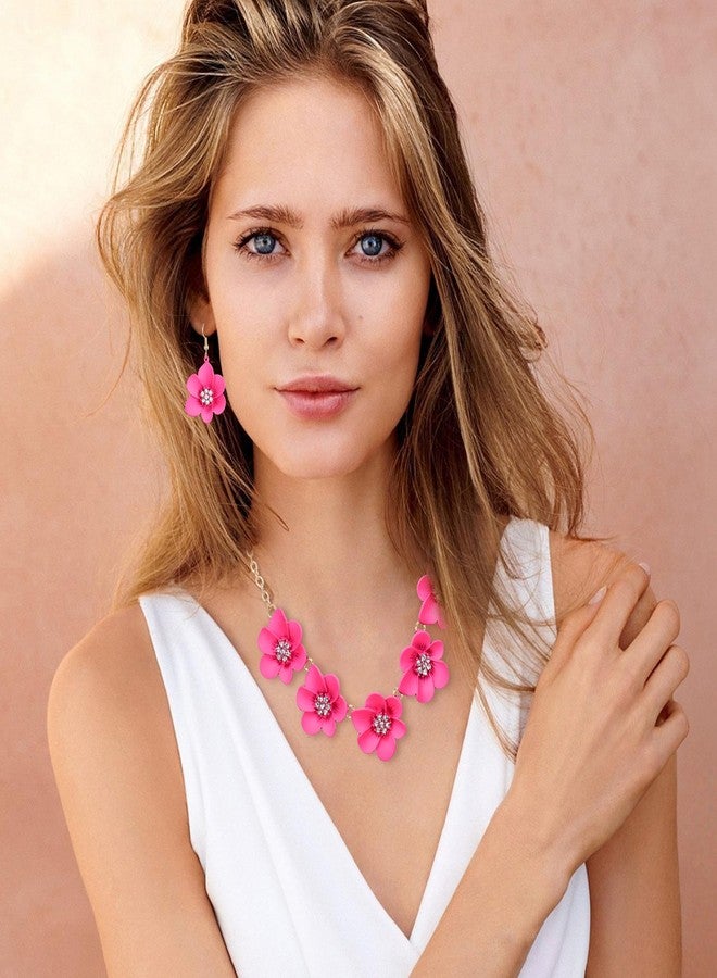 Flyonce Hot Pink Flower Necklace for Women, Summer Boho Floral Choker Necklaces with Earrings Holiday Jewelry - Image 2
