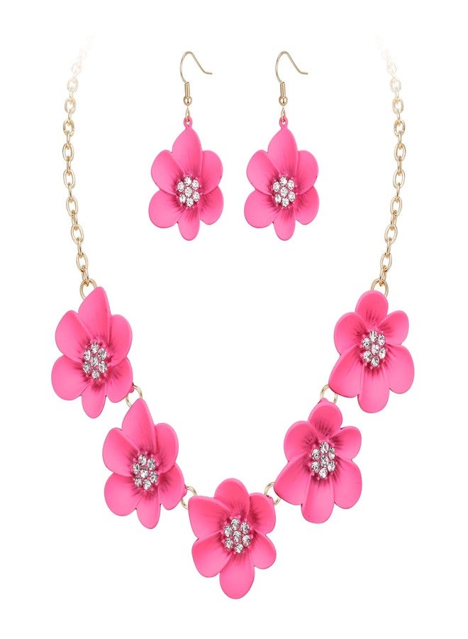 Flyonce Hot Pink Flower Necklace for Women, Summer Boho Floral Choker Necklaces with Earrings Holiday Jewelry - Image 1
